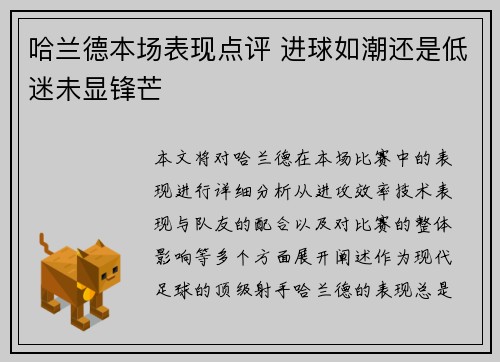 哈兰德本场表现点评 进球如潮还是低迷未显锋芒