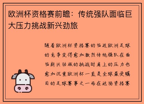 欧洲杯资格赛前瞻：传统强队面临巨大压力挑战新兴劲旅