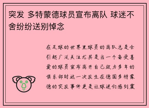 突发 多特蒙德球员宣布离队 球迷不舍纷纷送别悼念